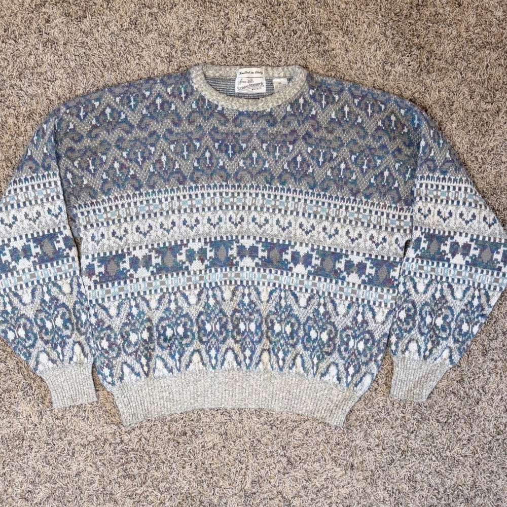 Vintage Sears Roebuck Italian Knit Geometric Crewneck Sweater Mens XL Blue Grey